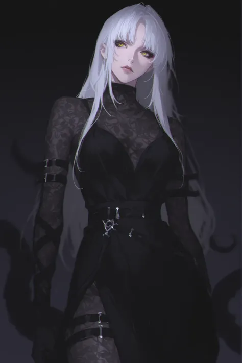 best quality, masterpiece, 1girl, white_hair, long_hair, straight_hair, neutral expression, evil, mature face, dark fantasy, {black, evil, tall lady, splash art}, tentacles, cosmic horror, belts, leg belt, arm belt, nox (from path to nowhere), pattern und...