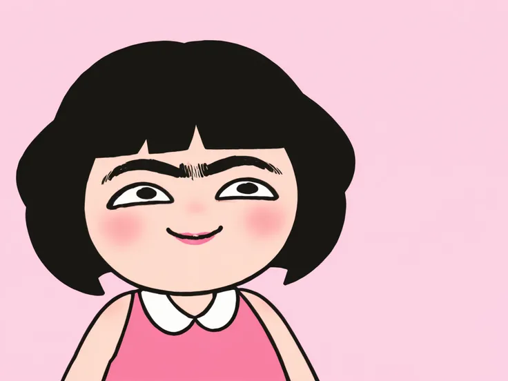 thick eyebrows, exaggerated eyebrows, expressive eyebrows, curved eyebrows, black eyebrows, monobrow, unibrow, heavy eyebrows, eyebrow focus, eyebrow expression, stylized eyebrows, cartoon eyebrows, cute character, stylized girl, short hair, black hair, ro...