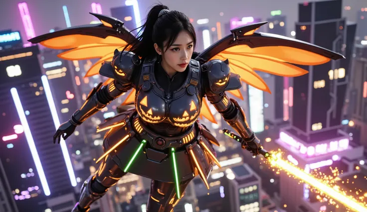 A battle-hardened Halloween android in Gundam-style mechanical armor with a carved lantern skirt, , floating in the neon sky of a futuristic metropolis. Her elegant armor coating is forged from a gun with metal alloys, accentuated by glowing pumpkin-orange...