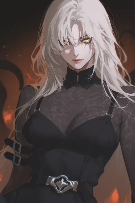 best quality, masterpiece, 1girl, white_hair, long_hair, straight_hair, messy_hair, neutral expression, evil, mature face, dark fantasy, {black, evil, tall lady, splash art}, tentacles, cosmic horror, belts, leg belt, arm belt, pattern undershirt, black u...
