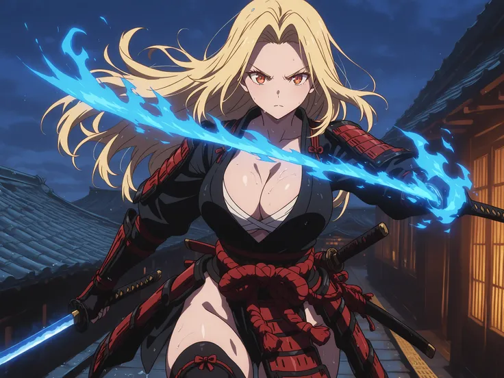 POV run on train roof, high quality, action-packed anime illustration of beautiful blonde warrior woman in traditional red samurai armor with modern elements. руни на броні, white form-fitting undershirt revealing toned physique, привабливі форми, проз...