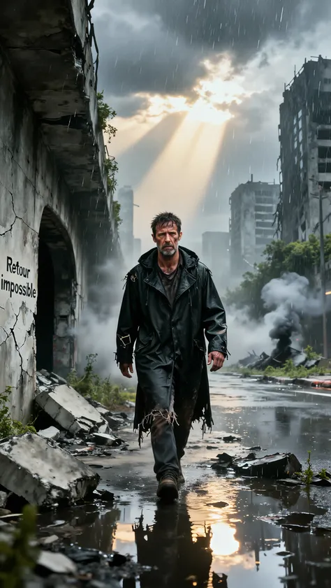 middle-aged man, rugged survivor, tired face, stubble, short dark hair, dirty face, wearing a long tattered black raincoat, post-apocalyptic setting, dark atmosphere, cinematic lighting, under the rain, serious expression, realistic texture, same character...