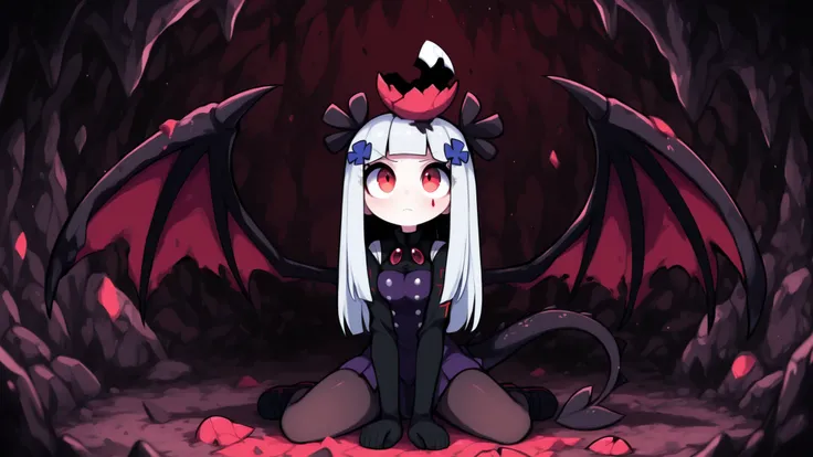 HK416,detailed eyes,CartoonyIllustrious, child's dragon 、、It comes out of the eggshell、Look Up、cave、embarrassing、hide、red eyes、black dragon tail、eggshell on head、Unruly Hair、black and red gradation、black full body tights