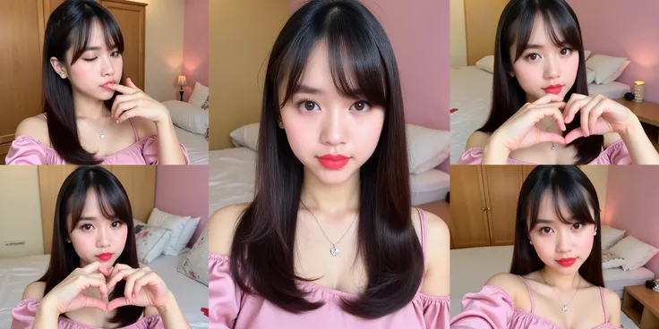 A cute young woman with long, straight black hair styled in a half-up ponytail with soft bangs framing her face. She has fair, glowing skin and expressive dark eyes. She’s wearing a simple silver heart necklace and a dark navy soft pink off-shoulder top wi...
