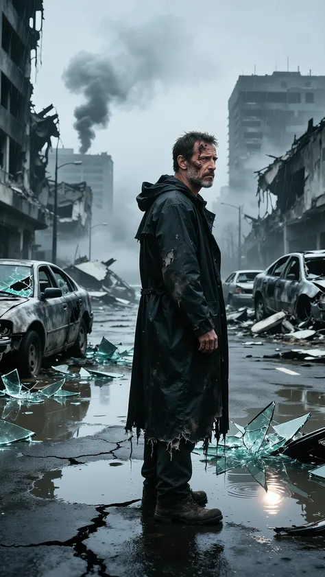 middle-aged man, rugged survivor, tired face, stubble, short dark hair, dirty face, wearing a long tattered black raincoat, post-apocalyptic setting, dark atmosphere, cinematic lighting, under the rain, serious expression, realistic texture, same character...