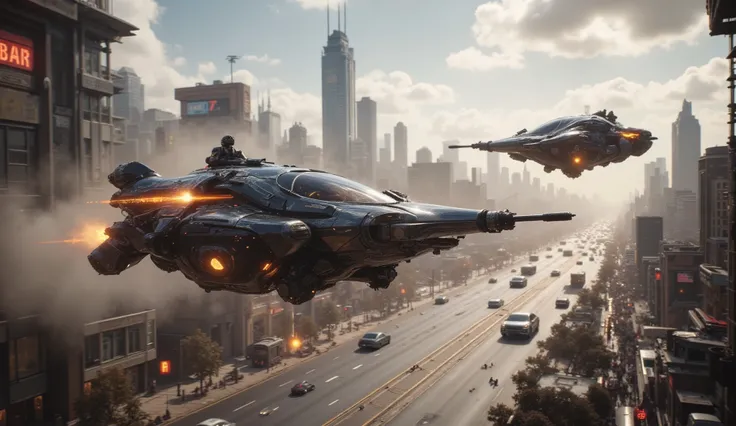 (Highest quality,4k,8 k,high definition,masterpiece:1.2), ultra-detailed. On a clear day, two vehicles can be seen hovering. < Laura :hk-m223c,crazy surgeons,rifle: Suddenly, one of the vehicles opens fire on the other with a futuristic cyberpunk automati...