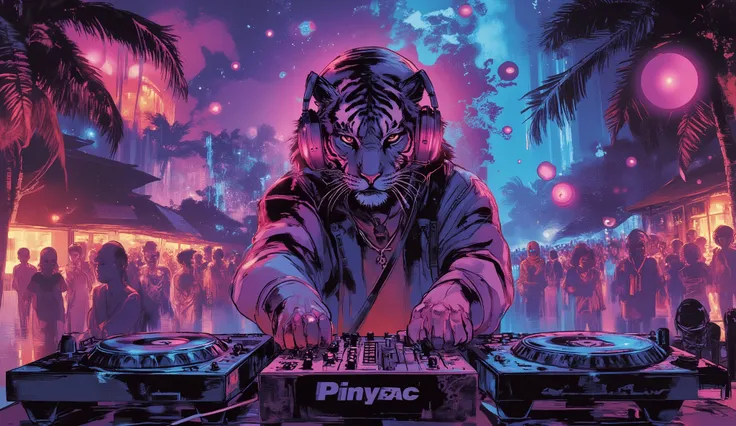 tropical resort party night、Wear HIPHOP clothes、Tiger standing in the DJ booth with headphones on、dynamic composition in solution、high definition、beautiful in every detail、anime style、Super high quality、Highest Quality、8k resolution
