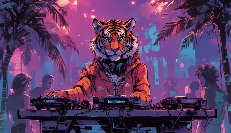 tropical resort party night、Wear HIPHOP clothes、Tiger standing in the DJ booth with headphones on、dynamic composition in solution、high definition、beautiful in every detail、anime style、Super high quality、Highest Quality、8k resolution