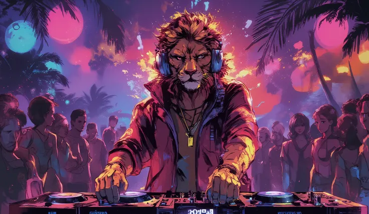 tropical resort party night、Wear HIPHOP clothes、Lion standing in the DJ booth with headphones on、dynamic composition in solution、high definition、beautiful in every detail、anime style、Super high quality、Highest Quality、8k resolution