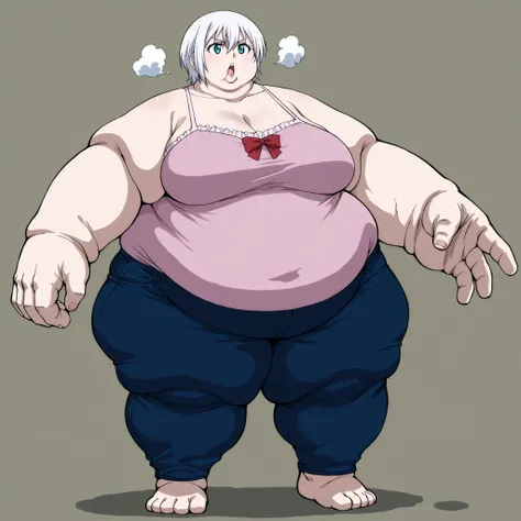 score_9, score_8_up, score_7_up, source_anime, lisanna strauss, short hair, blue eyes, hair between eyes, white hair, large breasts,, bow, bare shoulders, collarbone, pants, red bow, denim, camisole, jeans, pink camisole, big breasts open mouth, out of br...