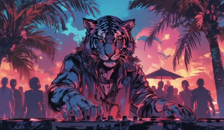 tropical resort party night、Wear HIPHOP clothes、Tiger standing in the DJ booth with headphones on、dynamic composition in solution、high definition、beautiful in every detail、anime style、Super high quality、Highest Quality、8k resolution