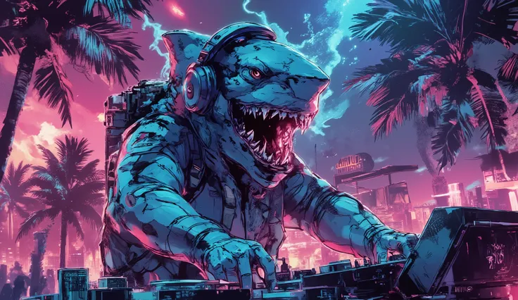 tropical resort party night、Wear HIPHOP clothes、A shark wearing headphones and standing in a DJ booth、dynamic composition in solution、high definition、beautiful in every detail、anime style、Super high quality、Highest Quality、8k resolution