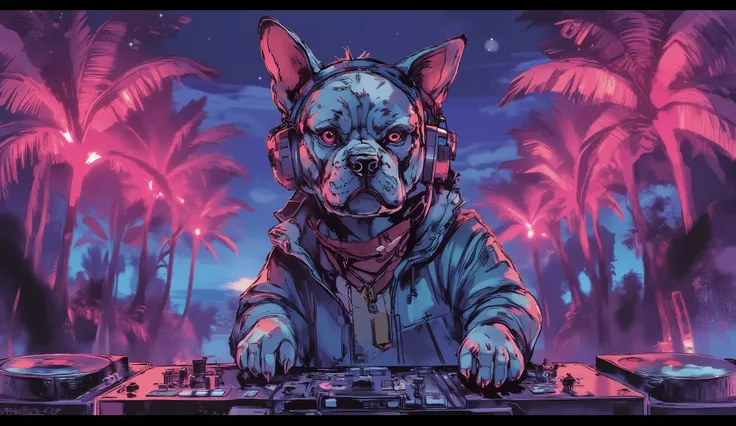 tropical resort party night、Wear HIPHOP clothes、Bulldog standing in DJ booth with headphones on、dynamic composition in solution、high definition、beautiful in every detail、anime style、Super high quality、Highest Quality、8k resolution