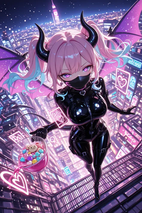 (masterpiece, best quality:1.1, ultra-detailed, 8k, neon light art style, cinematic moody contrast, reflective latex texture)

perspective dynamic from above,
((candies, spilling bright sweets)),
colorful sweets scattering in air,

1girl, ((purple eye)), (...