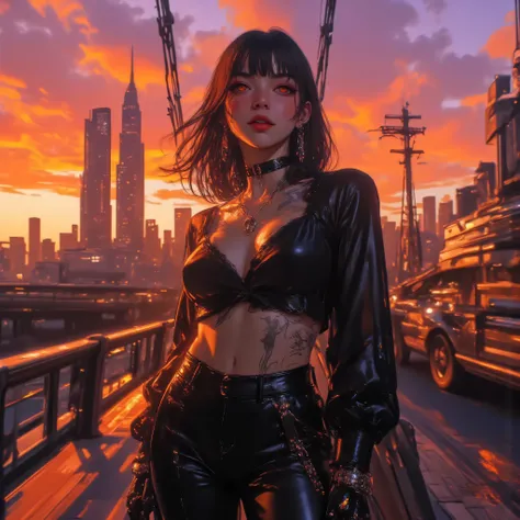 A beautiful rebellious woman in black leather standing on a gothic-style modern bridge at sunset, cinematic orange and purple lighting, dramatic sky, wind flowing through her hair, detailed facial expression with confident smile, perfect glowing eyes, luxu...