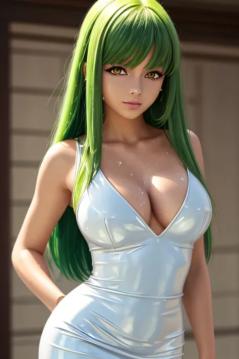 perfect anatomy Highest Quality, highest resolution,(((shiny latex white dress shiny green hair long hair yellow eyes sweat shiny skin))) C.C is cool