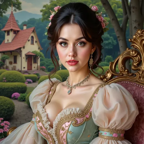 Madame of the French court,Rococo fluffy skirt,(Extremely Delicately Beautiful:1.2),8K,(tmasterpiece:1.0),(Best_quality:1.0),1girll,Mature woman,Complicated details,enlarged textures,Complicated details,Fine eyes and detailed face,Complicated details,(Keep...