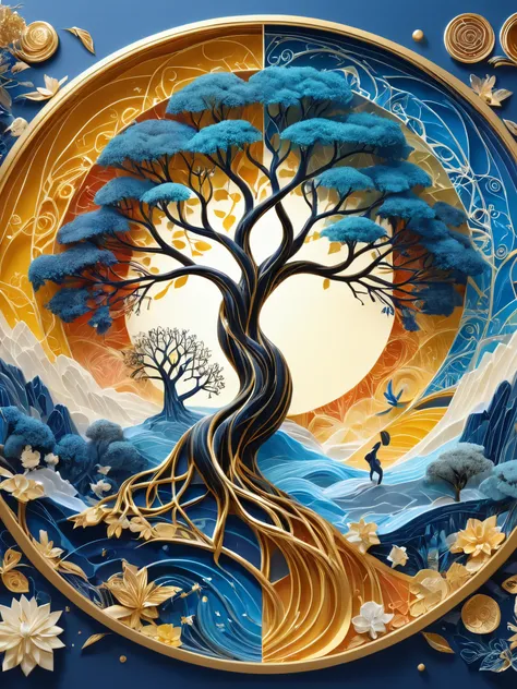 (Evolution of life)、Fibonacci、the golden ratio、melted wax、Visible brush strokes、3D tessellation wireframe、neural graphic、neurons、The Tree of Life、Farbe、tenderness、passion、The ultra -The high-definition、8K UHD、masterpiece