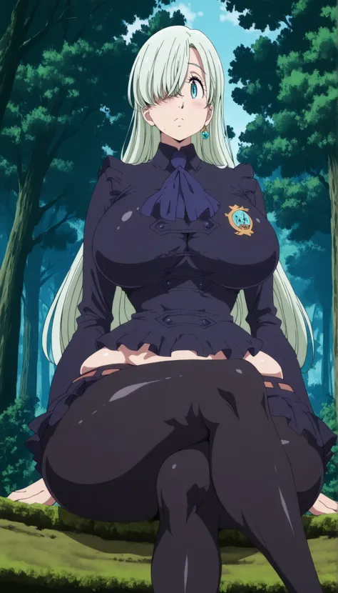 Elizabeth Liones, long hair, white hair,  Hair Right Eye Closure , Blue Eye, big breasts, thick plumpy thighs, wide curvy hips, voluptuous body, Curvy body, thicc woman, wearing sexy school uniform, wear black tights, sit, Forest background, low angle imag...