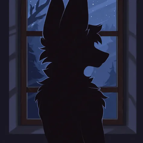 ((male anthro maned wolf)),furry anthro,side-close-up shot ,the snout is visible, night time,He is facing the window, silhouette of a furry, close up