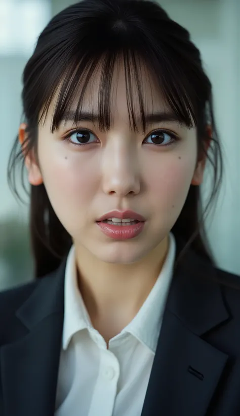 Neat Young Woman、looking at the camera、office lady suit、jacket、shirt、Ear piercings、has bangs and is making a small scream、dark eyeshadow、、No expression、has closed its mouth、face close-up、The background is office
