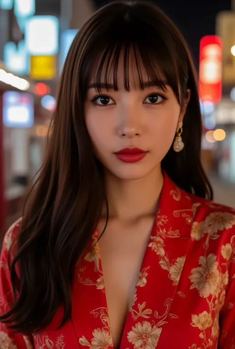 (Highest Quality、greatest masterpiece、8k、Highest Image Quality、winning work)、Beautiful Women、  perfect and beautiful composition    、[collarbone]、(Flower woman wearing the finest glossy kimono in red and gold with a V-neck:1.5)、(reveals her cleavage from a...