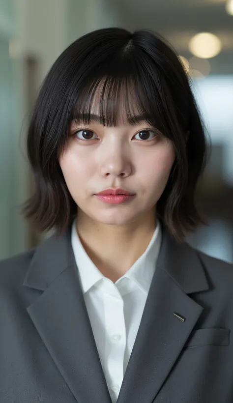 Neat Young Woman、looking at the camera、office lady suit、jacket、shirt、Ear piercings、前髪あり、hairstyle short bob、薄い茶髪、No expression、has closed its mouth、、face close-up、The background is office
