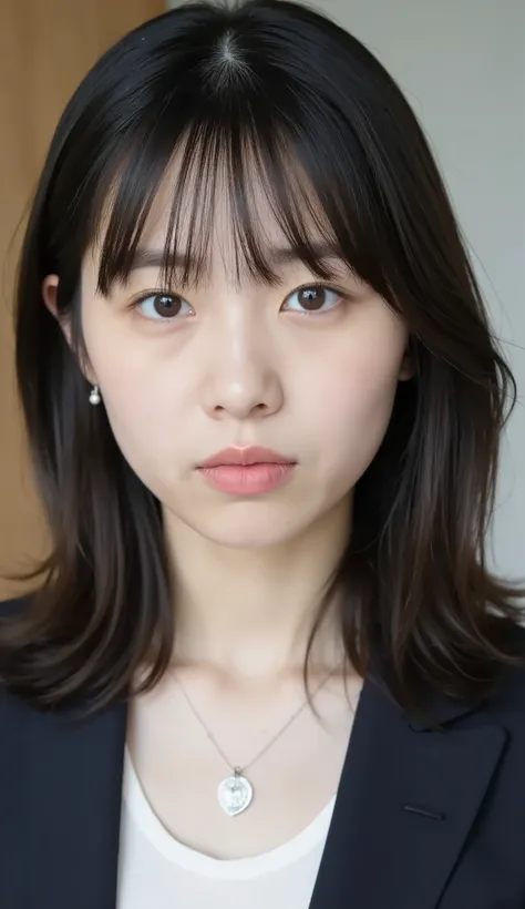 Neat Young Woman、and look at the camera、office lady suit、jacket、shirt、necklace、、ear piercing、前髪あり、No expression、has closed its mouth、顔のクローズアップ、The background is office