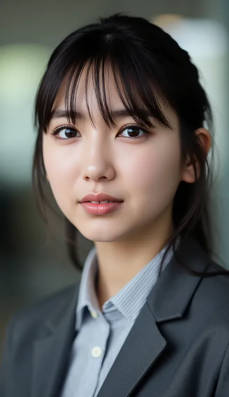 Neat Young Woman、looking at the camera、office lady suit、jacket、shirt、Ear piercings、has bangs 、dark eyeshadow、、No expression、has closed its mouth、face close-up、The background is office
