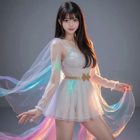 super clear focus full body shot of a top Japanese idol goddess from head to below the knee、、Magical rainbow cloak、Sheer Mini Dress、slender beautiful body、professional photo shoot、sexy and elegant posing、sparkling studio background、perfect lighting、High De...