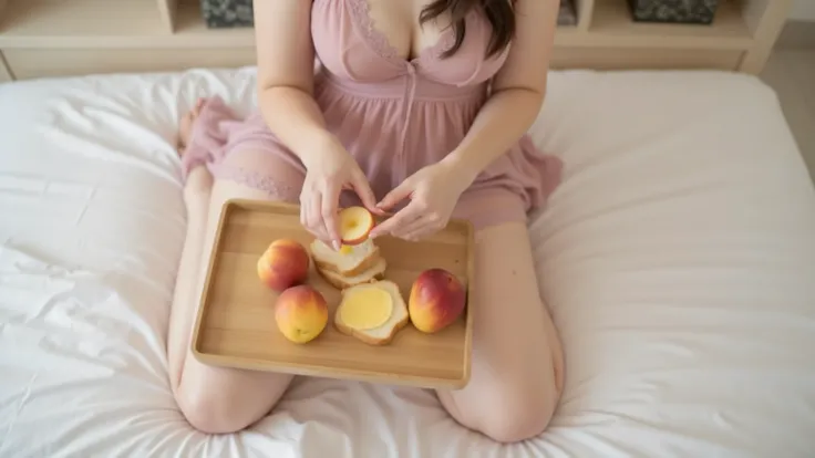 A sexy Korean woman (21) dressed in sheer pink laced baby doll negligee and matching panties, is arranging buttered toast and fresh peaches on a wooden tray placed on her bed, seen from overhead, tray positioned between her thighs as she sits cross-legged,...