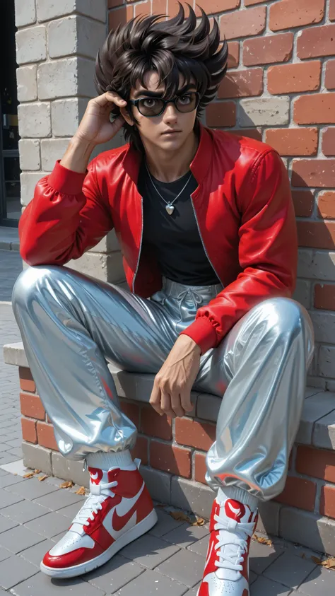 1boy , seiya , ,black sunglasses ,large silver necklace ,wear red nike jacket, muscular man,baggy pants, red nike shoes, high quality, highy detailed, detailed face, sitting in dynamic pose, detailed art work, looking straight, ultra hd, 4k , a brick w...