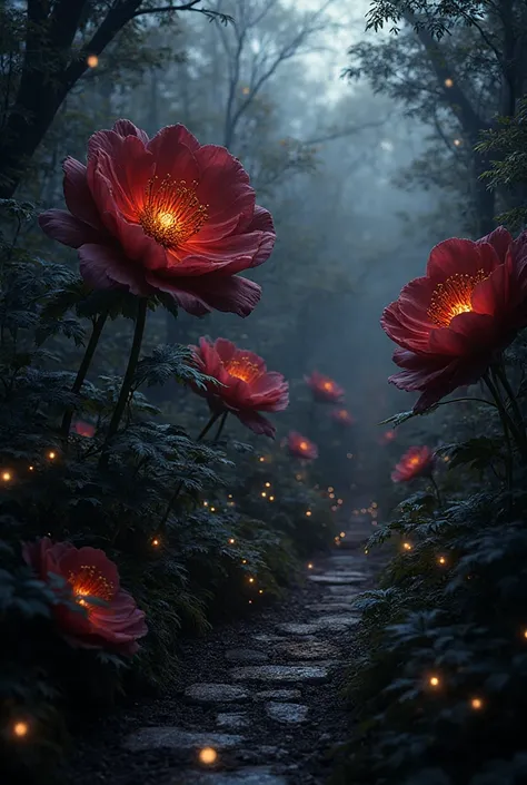 Gothic garden, beautiful large flowers with touches of gold, fireflies, 8K, Super sharpness 