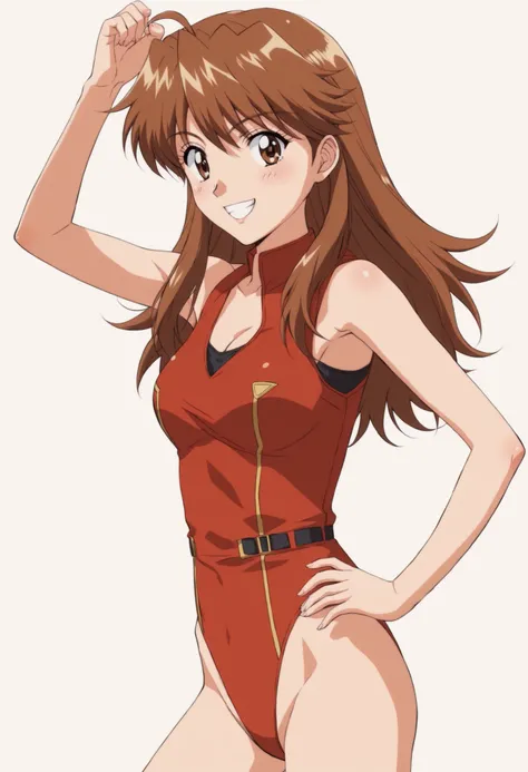 (High Qualityの写真, masterpieceアートワーク, detailsをクリア),High Quality,masterpiece,details,big eyes,detailsな瞳,brown eyes,long hair,brown hair with red ribbon on the back of the head,Retro Anime Style,Agent AIKA,Red Uniform,Leotard,白いHigh Qualityパンティ,big boobs,Smil...