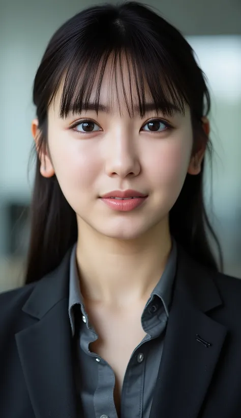 Neat Young Woman、looking at the camera、office lady suit、jacket、shirt、Ear piercings、has bangs 、dark eyeshadow、、No expression、has closed its mouth、face close-up、The background is office
