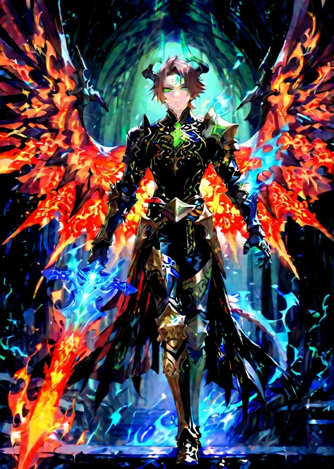Depict people in smaller sizes to make the background stand out1.5、 A young man with short reddish brown hair、Ruthless Green Eyes、holding a wavy sword flanverge with blue flame in two sword styles、big wings made of red flames、garnet-colored leather light c...