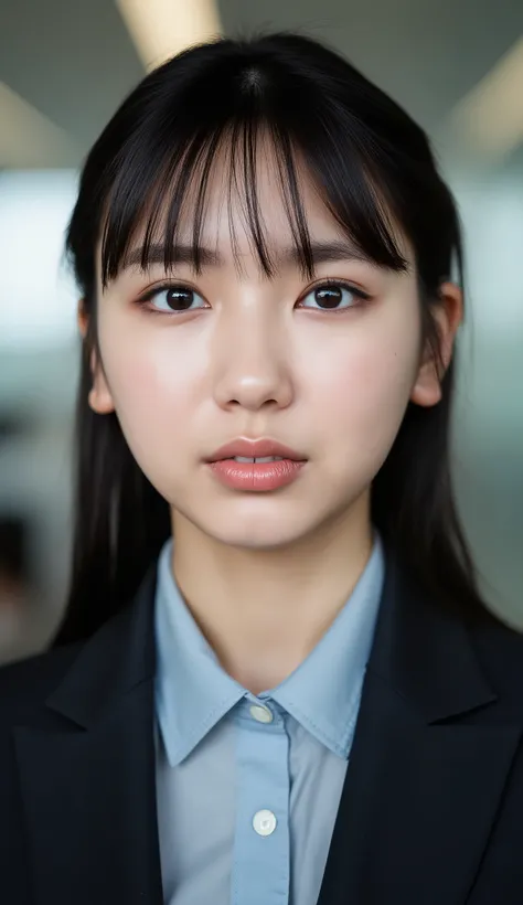 Neat Young Woman、looking at the camera、office lady suit、jacket、shirt、Ear piercings、has bangs 、dark eyeshadow、、No expression、has closed its mouth、face close-up、The background is office
