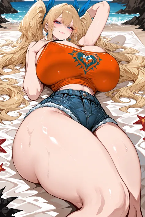 masterpiece, best quality, 1girl, solo, alone, score_9, score_8_up, score_7_up, anime screencap, BREAK 1girl, long blonde hair with blue ribbons tied in twin tails, light tan skin tone, minimal makeup with soft pink lips, blue eyes with gentle expression, ...