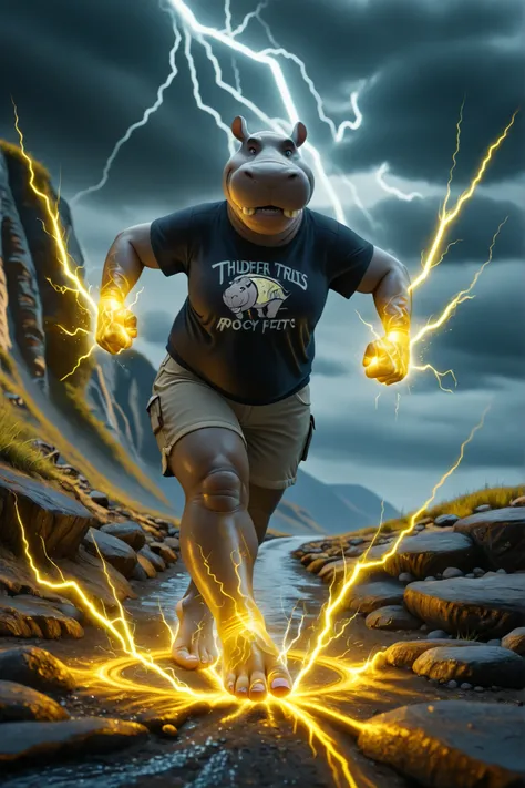 photography, ultra-detailed, 8k wallpaper, ((anthro Beshte hippo)), ((casual t-shirt)), ((hiking shorts)), ((barefoot on rocky ground)), ((detailed hippo feet)), ((lightning surging from each step)), ((thunder trails behind)), ((electric energy circling an...