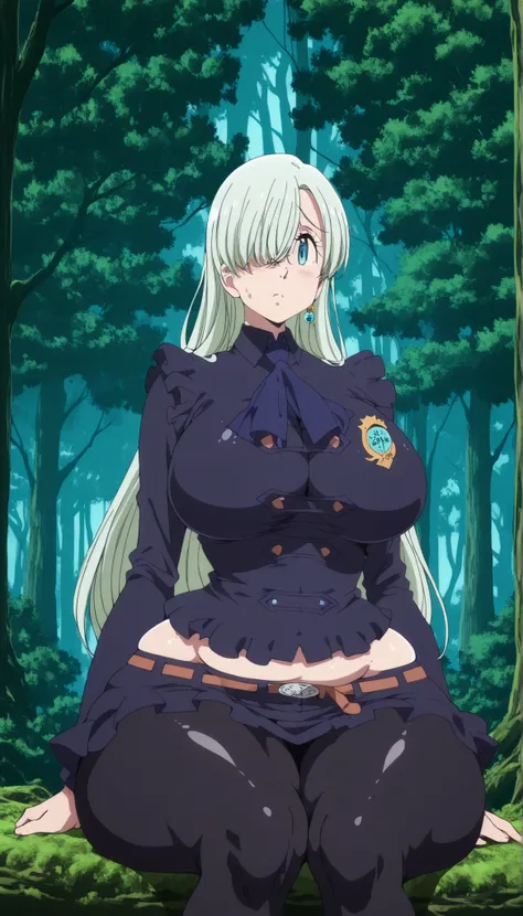Elizabeth Liones, long hair, white hair,  Hair Right Eye Closure , Blue Eye, big breasts, thick plumpy thighs, wide curvy hips, voluptuous body, Curvy body, thicc woman, wearing sexy school uniform, wear black tights, sit, Forest background, low angle imag...