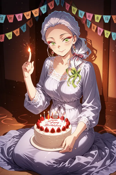 Daki,demon_slayer, white hair, two-tone hair, gradient hair, green hair, green eyes,subtle make-up, mature woman, beautiful elegant woman, wearing a soft pastel-colored long dress with lace details and ribbon waist, gentle silky fabric, sitting gracefully ...