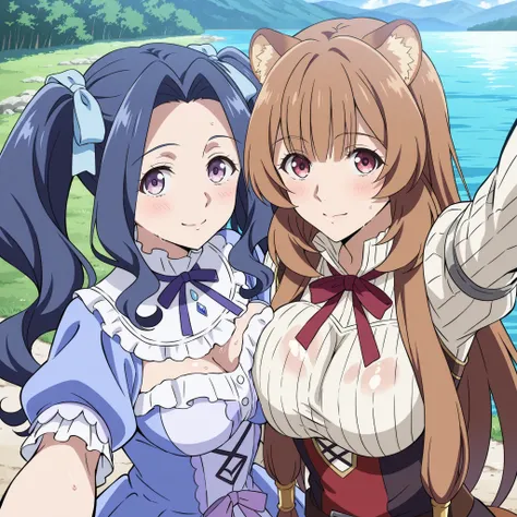 Tateyuu, Big breasted Melty), raphtalia, yuri, Side by side selfies together, anime style, musthe, big breasts press, , Background a beautiful lake., al aire libre, (Colorful bikinis)) score_9, score_8_above, score_7_above, masterpiece, the best quality, e...