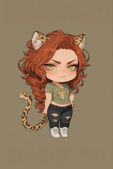 A chibi-style character stands with an air of slight annoyance, exuding a playful yet fierce persona. The character is outfitted with distinct feline features, including leopard-printed cat ears and a matching tail, adding to her captivating aura. Her volu...