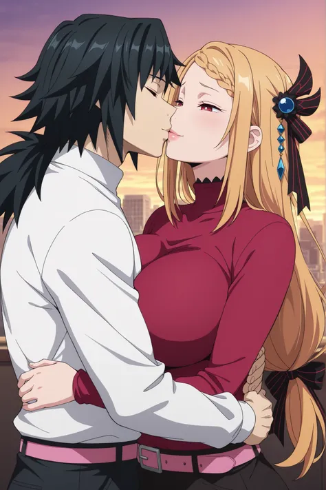 newest , masterpiece , anime screencap , anime coloring , Solo, Mature Female, priscilla barielle, long hair, blonde hair, red eyes, braid, single braid, braided bangs, one side up, big breasts, bright pupils, white pupils, 1girl, braid, solo, smile, looki...