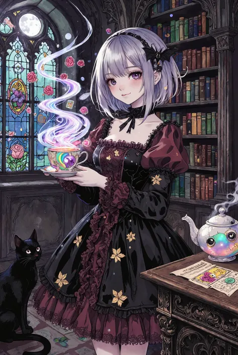 masterpiece, best quality, ultra-detailed, 8k, cinematic lighting, atmospheric Subject: A petite Tea Cup Witch with pale skin and large, hypnotic amethyst eyes in a detailed gothic lolita dress (black and burgundy, lace, ruffles, golden tea leaf patterns)....