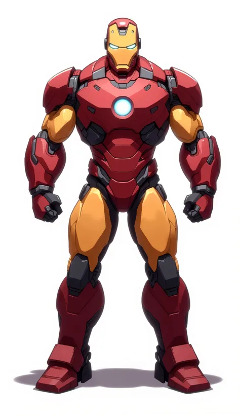 Ironman wearing a bulky silver-red titanium armor with yellow faceplate and yellow fingers, heavy, mechanical, thick metal plates on legs and arms, glowing chest core, 2D cartoon style, cinematic depth, moody lighting, white background, The lighting is cin...