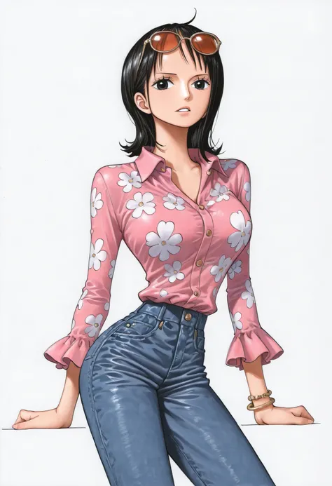girl ,nami (one piece), (aged up:1.2) , ,jewelry, breasts, black hair, medium hair ,((flipped hair)) ,detailed black eyes, ((eyewear)), looking at viewer, bracelet, ((collared shirt, long sleeve)), (medium chest), white background, simple background , ((tr...