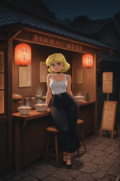 Lori Loud . medium breasts , huge hips , blonde hair , black eyes , blue eyeshadow , pink lips, pearl earrings , white earrings . choker . | A nostalgic 1960s Japanese ramen street stall at night in a quiet rural town, glowing red paper lanterns, a small w...