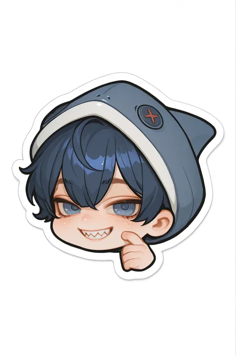 semi-realistic midjorney chibi art style of a chubby young man. Chibi, Hes got dark blue emo cropped bangs that cover his eyes completely. Hes got a chubby soft and round cherubic face with pale skin. Hes got sharp teeth grin. He has a chubby body with sof...