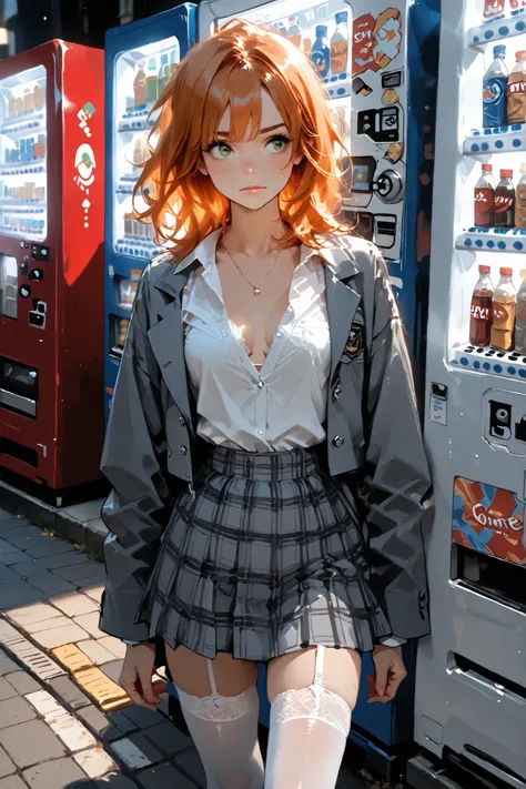 1 girl: orange hair, medium hair,  two-tailed, green eyes, medium chest, the white shirt is slightly unbuttoned, neckline, Dark gray jacket, gray checkered micro-skirt, Black uniform shoes, white thigh length stockings. stands outside near the vending mach...